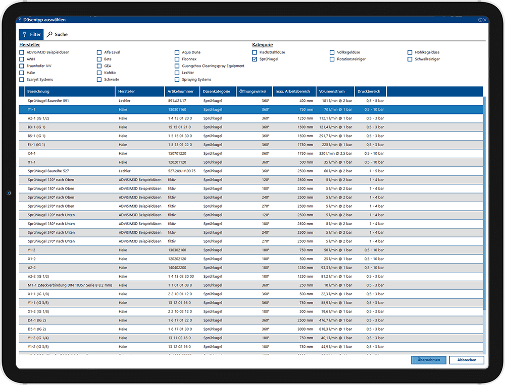 Screenshot zeigt Düsenauswahl aus Datenbank, Sprühkugeln