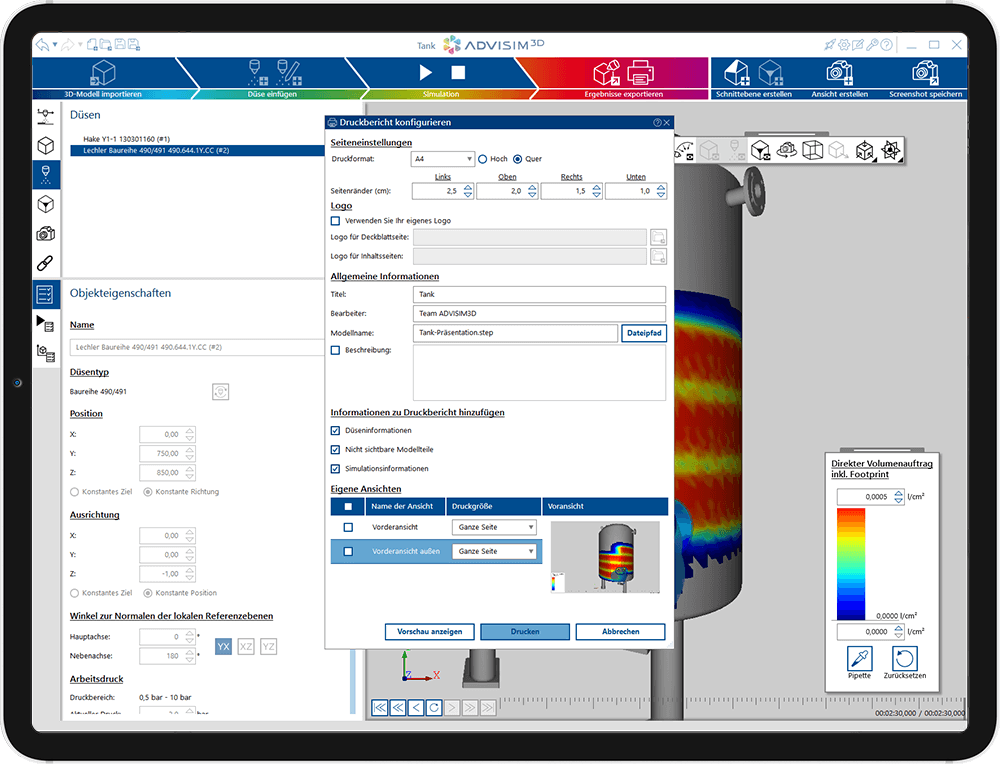 Screenshot zeigt einen Behälter nach Simulation der Beaufschlagung und davor die Reporting Eingabemaske