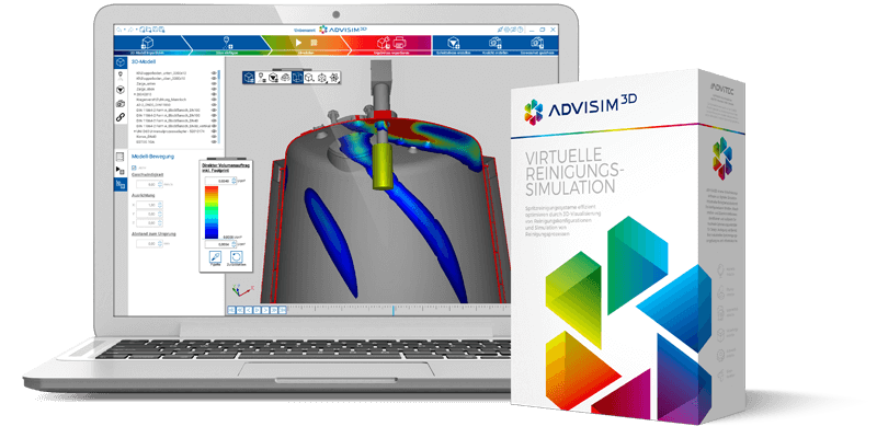 ADVISIM3D Softwarebox mit Simulationsansicht und Sprühschattenanalyse